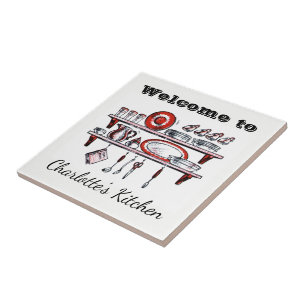 Retro Country Kitchen Personalised Name Welcome Tile