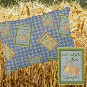Retro Country Vintage Blue Check Bunny Carrots Decorative Cushion