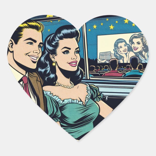 Retro Couple at Drive-In Movie Heart Sticker (Front)