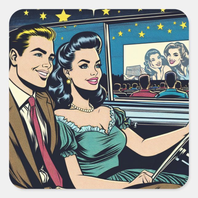 Retro Couple at Drive-In Movie Square Sticker (Front)