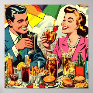 Retro Couple Drinks Comics Poster