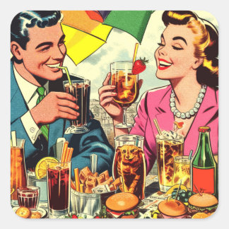 Retro Couple Drinks Comics Square Sticker