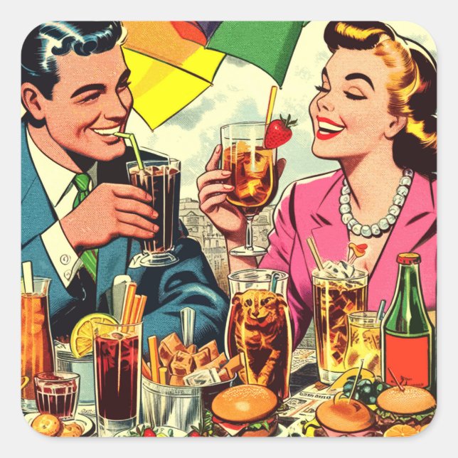 Retro Couple Drinks Comics Square Sticker (Front)