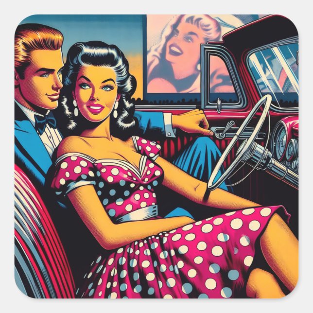 Retro Couple in Car at Drive In Movie Square Sticker (Front)