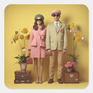 Retro Couple In Yellow Square Sticker