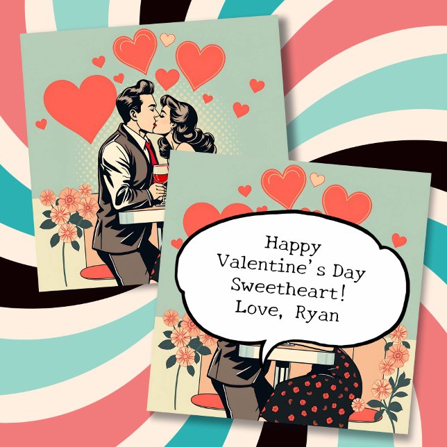 Retro Couple Kissing Pop Art Hearts Personalised Holiday Card (Creator Uploaded)