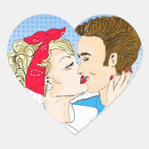 Retro Couple Kissing Romantic Flirty Heart Sticker
