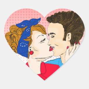 Retro Couple Kissing Romantic Flirty Heart Sticker