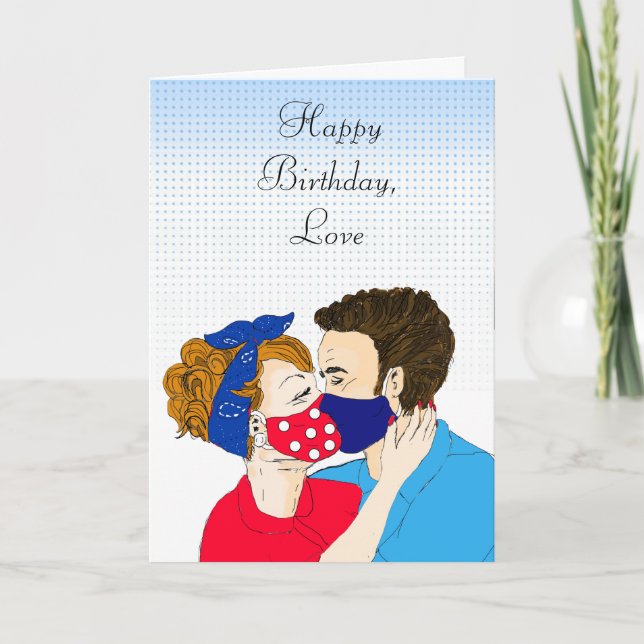 Retro Couple Kissing with Facemasks on Birthday Card (Front)