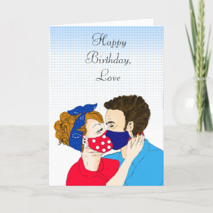 Retro Couple Kissing with Facemasks on Birthday Card