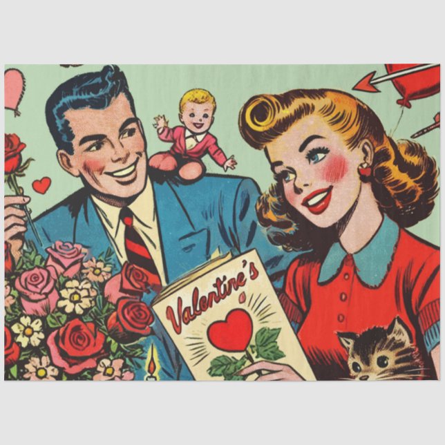 Retro Couple Love Valentine's Comics Tissue Paper (Front)