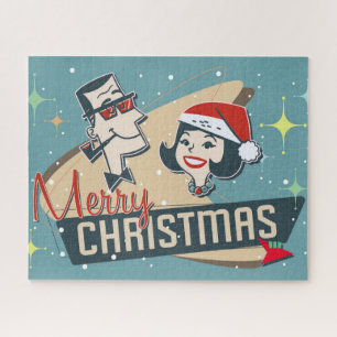 Retro Couple Merry Christmas Vintage Holiday Jigsaw Puzzle