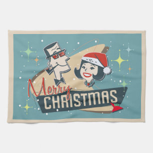 Retro Couple Merry Christmas Vintage Holiday Tea Towel