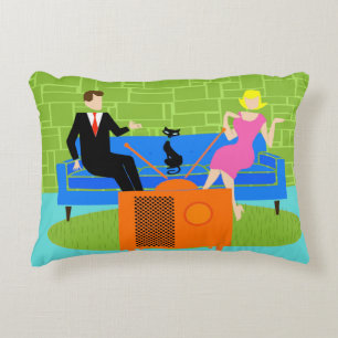 Retro Couple with Cat Accent Pillow