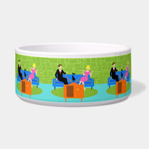 Retro Couple with Cat Ceramic Pet Bowl