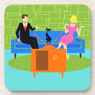 Retro Couple with Cat Hard Plastic Coasters