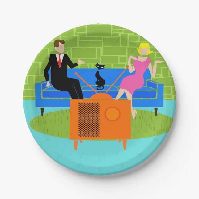 Retro Couple with Cat Paper Plates (Front)