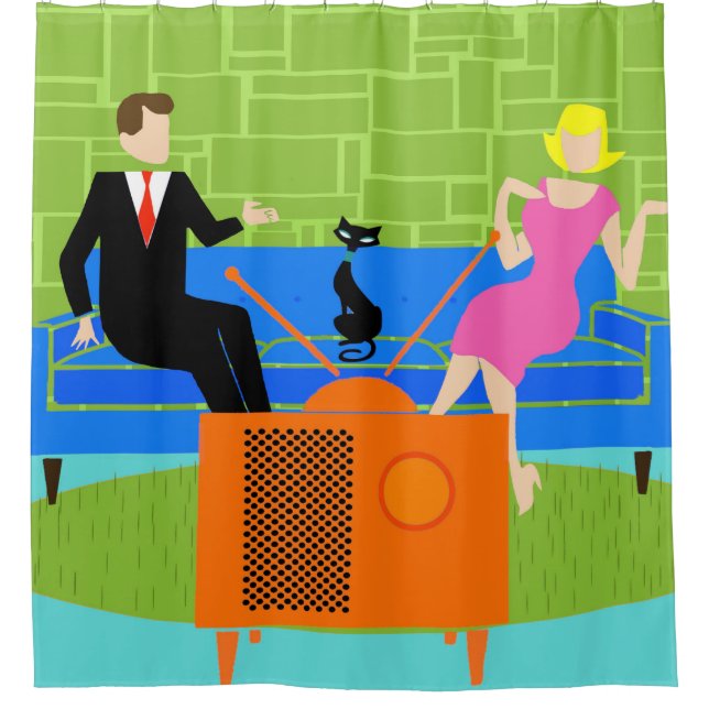 Retro Couple with Cat Shower Curtain (Front)