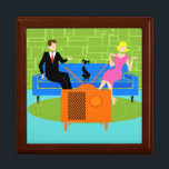 Retro Couple with Cat Wooden Jewellery Keepsake Bo Gift Box<br><div class="desc">This Retro Couple with Cat Wooden Jewellery Keepsake Box features a cartoon couple trying to get cosy while watching television on a mid century modern, blue sofa. The cat, however, has other ideas. On one side of the sofa, there is a handsome man in a black suit with red tie....</div>