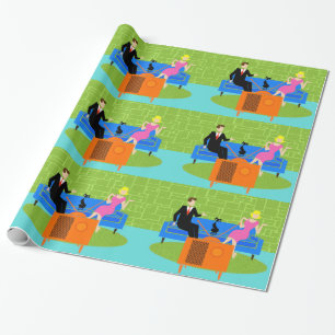 Retro Couple with Cat Wrapping Paper