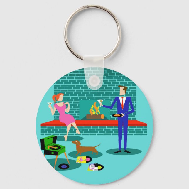 Retro Couple with Dog Button Keychain (Front)