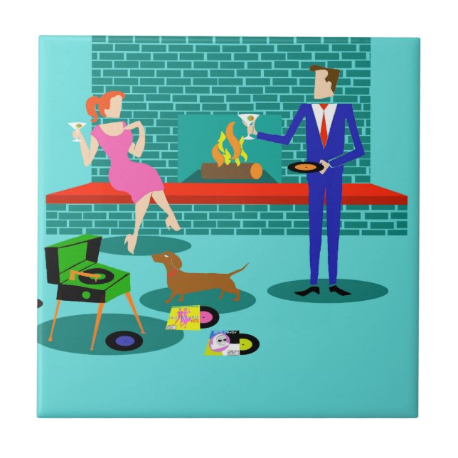 Retro Couple with Dog Ceramic Tile (Front)