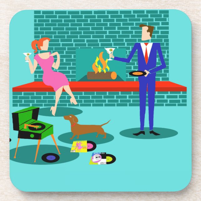 Retro Couple with Dog Hard Plastic Coasters (Front)