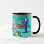 Retro Couple with Dog Mug<br><div class="desc">This Retro Couple with Dog Mug looks like a scene out of a romantic comedy. The 1960s's style, minimalist art design features an attractive couple enjoying a romantic evening at home. The sophisticated room prominently features an aqua and teal brick fireplace with a bright red ledge. A beautiful, redhead woman...</div>