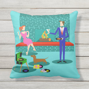Retro Couple with Dog Outdoor Pillow