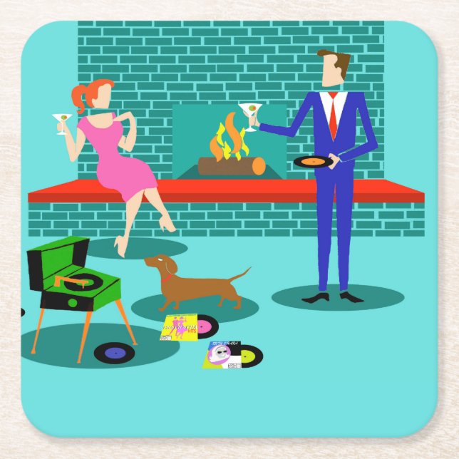 Retro Couple with Dog Paper Coaster (Front)