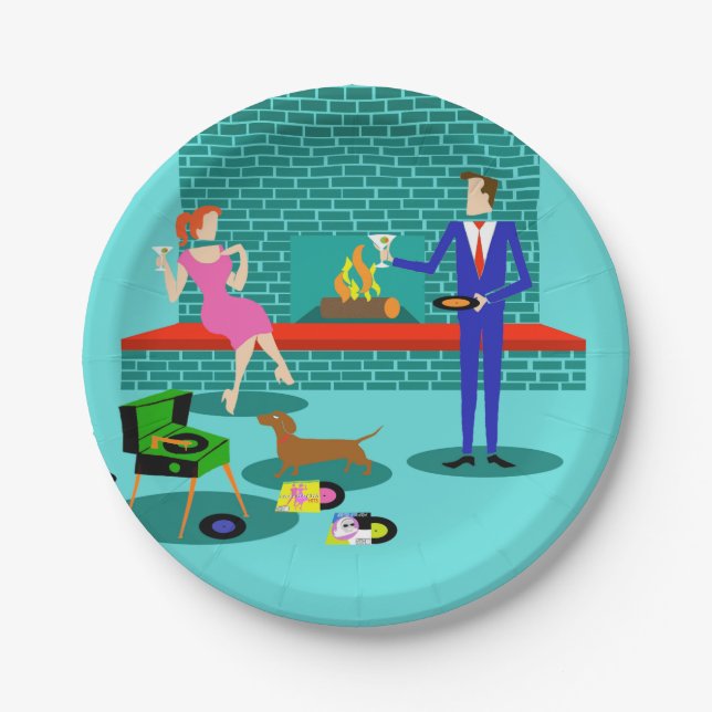 Retro Couple with Dog Paper Plates (Front)