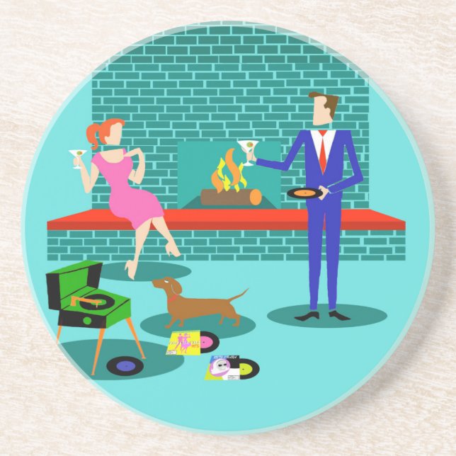 Retro Couple with Dog Sandstone Coaster (Front)