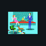 Retro Couple with Dog Stretched Canvas Print<br><div class="desc">This Retro Couple with Dog Stretched Canvas Print looks like a scene out of a romantic comedy. The 1960s's style, minimalist art design features an attractive couple enjoying a romantic evening at home. The sophisticated room prominently features an aqua and teal brick fireplace with a bright red ledge. A beautiful,...</div>