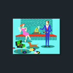Retro Couple with Dog Stretched Canvas Print<br><div class="desc">This Retro Couple with Dog Stretched Canvas Print looks like a scene out of a romantic comedy. The 1960s's style, minimalist art design features an attractive couple enjoying a romantic evening at home. The sophisticated room prominently features an aqua and teal brick fireplace with a bright red ledge. A beautiful,...</div>