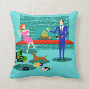 Retro Couple with Dog Throw Pillow