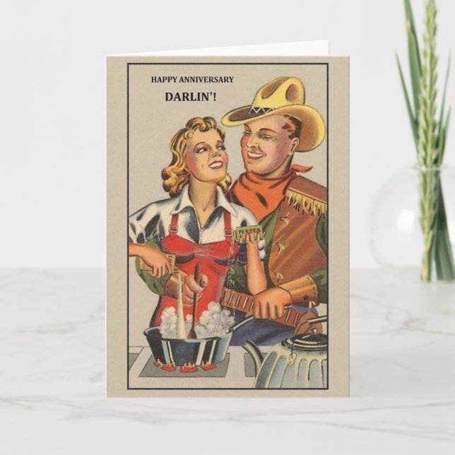Retro Cowboy Anniversary Greeting Card (Front)