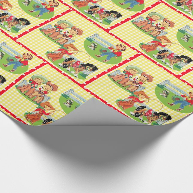 Retro Cowboy Cowgirl Kids Birthday Yellow Check Wrapping Paper (Corner)
