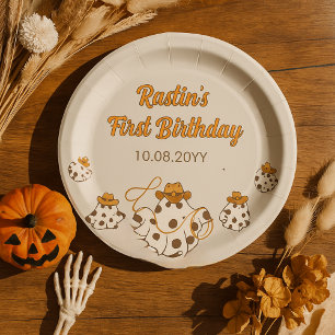 Retro Cowboy Halloween Checkered Pattern Birthday Paper Plate
