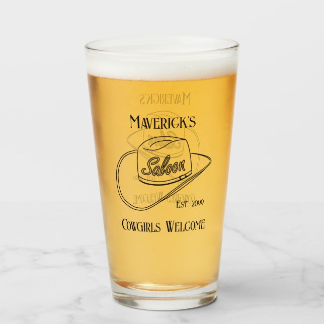 Retro Cowboy Saloon Drinkware Pint  Beer  Glass (Front Filled)
