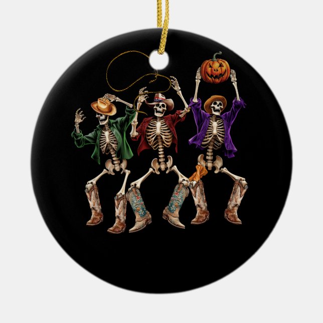 Retro Cowboy Skeleton Cowgirl Dancing Boots Dancer Ceramic Tree Decoration (Front)