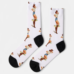 Retro Cowgirl Pin-up Art Socks