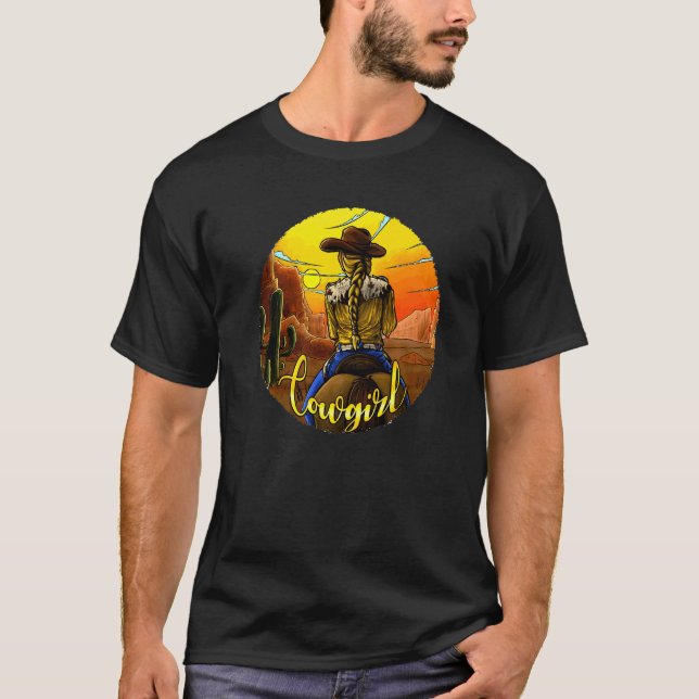 Retro Cowgirl Riding Horse Cactus Desert Sunset We T-Shirt (Front)