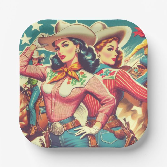 Retro Cowgirls Pin-ups Paper Plate (Front)
