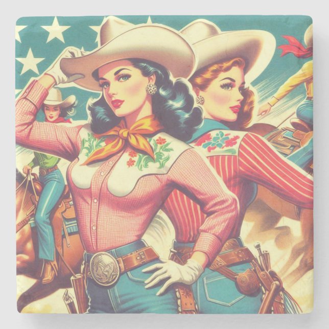 Retro Cowgirls Pin-ups Stone Coaster (Front)