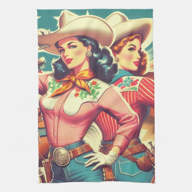 Retro Cowgirls Pin-ups Tea Towel (Vertical)