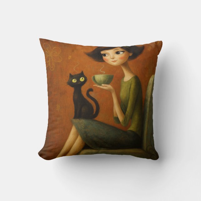 Retro Cozy Morning Black Cat Aesthetic  Cushion (Front)