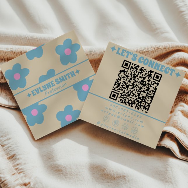 Retro Cream Blue QR Code Groovy Floral Fun Boho Square Business Card (Creator Uploaded)