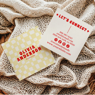 Retro Cream Bold 70's Boho Groovy Chequered Trendy Square Business Card
