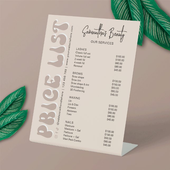 Retro Cream Modern Spa Salon or Shop Price List Pedestal Sign (Stand out and embrace the retro charm with this trendy business price list pedestal sign design)