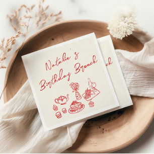 Retro Cream Red Hand Drawn Fun Birthday Brunch  Napkin